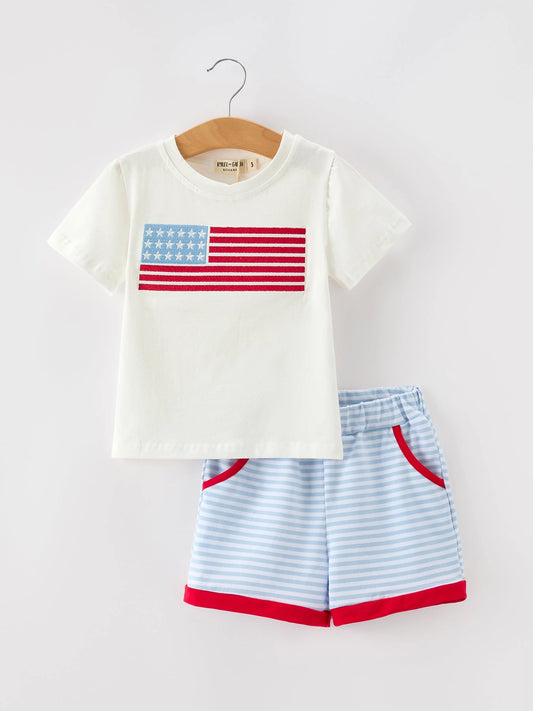 4th of July Flag Appliqué Boy Top and Shorts Set