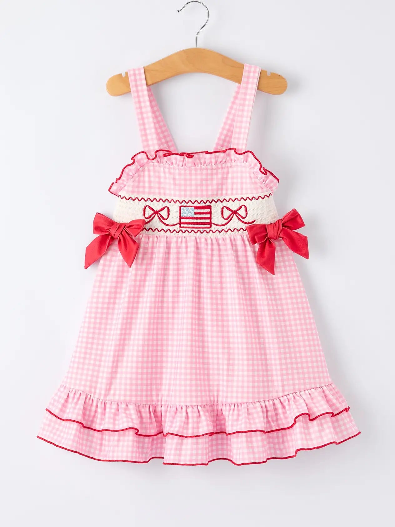 4th of July Plaid Girls Dress Bow Ruffle