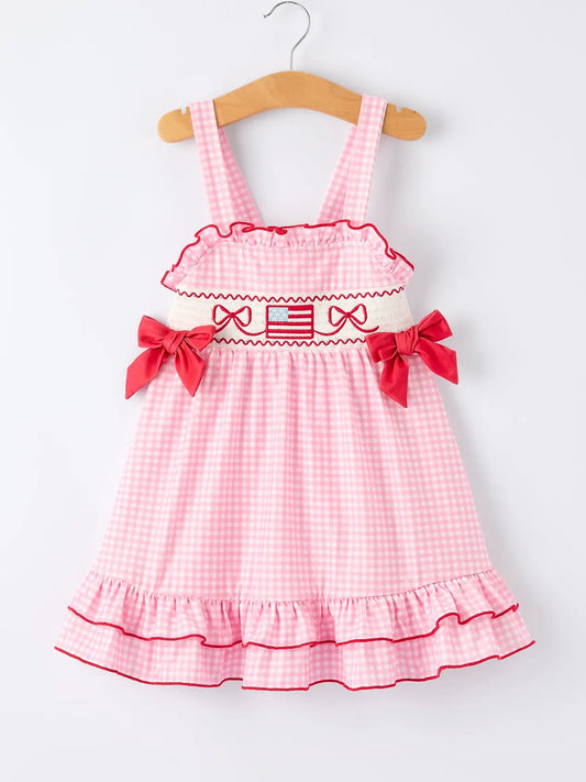 4th of July Plaid Girls Dress Bow Ruffle