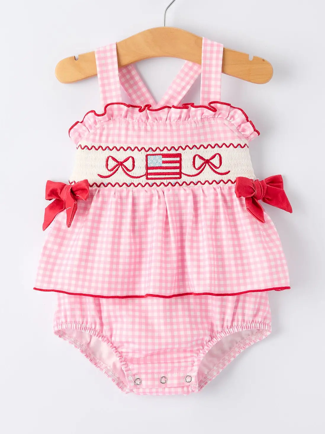 4th of July Plaid Girls Romper Bow Ruffles